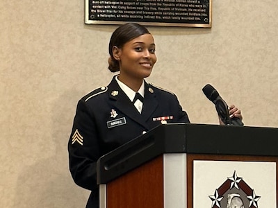 Sgt. Lee-Syonne Burchell, singing at the Dwight D. Eisenhower Army Medical Center in Augusta, Georgia, in May 2023.