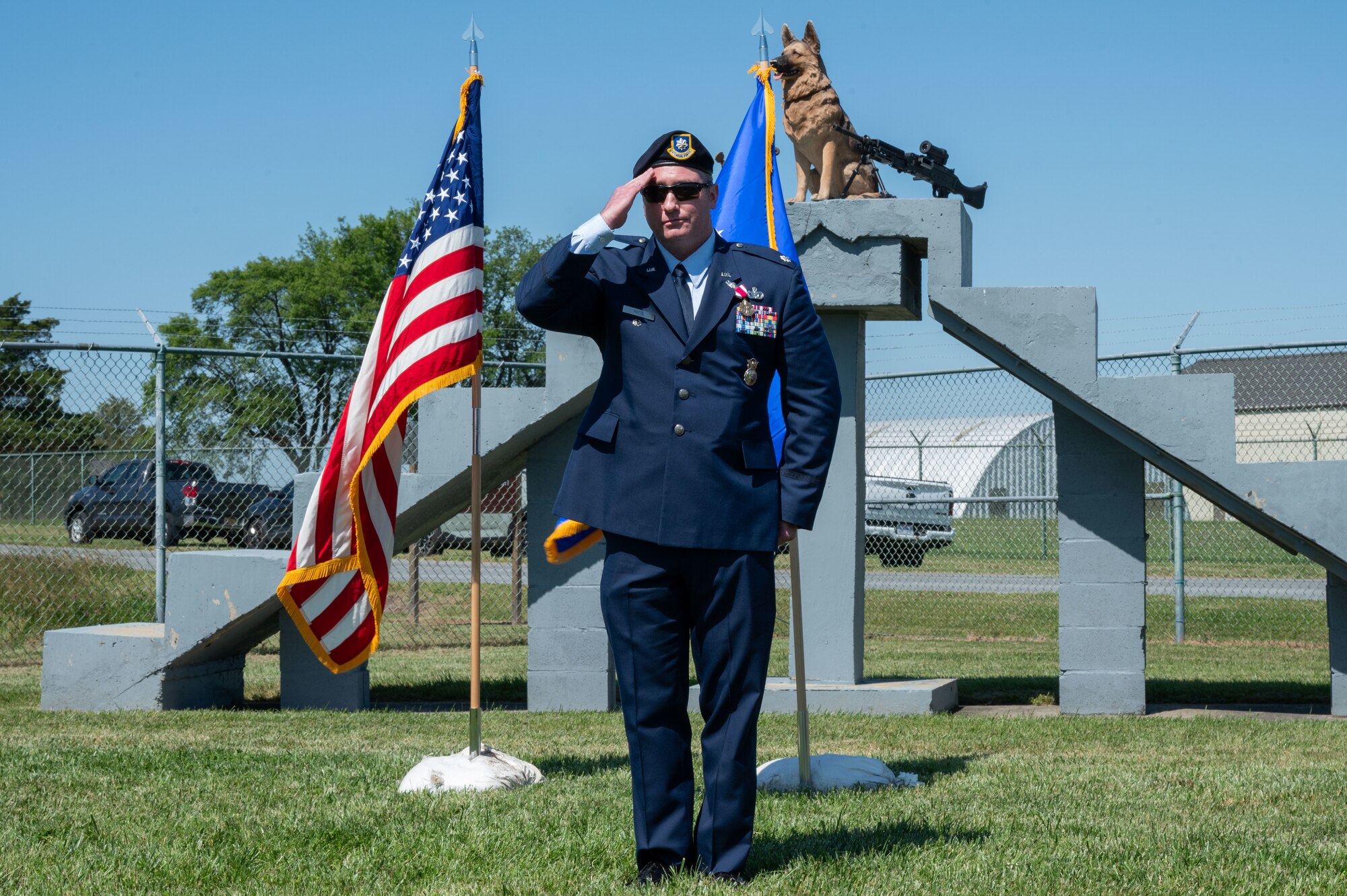 U.S. Air Force Lt. Col. David S. Ratté, outgoing 436th Security Forces Squadron commander, accepts a final salute from his unit during a change of command ceremony at Dover Air Force Base, Delaware, May 31, 2024. The ceremony saw Ratté relinquish command to Maj. Daniel C. Parsons. (U.S. Air Force photo by Airman Liberty Matthews)