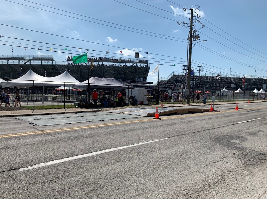 Demonstration of the Deployable Expedient Traffic Entry Regulator, or DETER, vehicle barrier technology at the Indianapolis 500. ERDC in conjunction with the U.S. Department of Homeland Security (DHS) Science and Technology (S&T) Directorate and the Cybersecurity and Infrastructure Security Agency (CISA) used DETER to create a temporary road closure at the event during race day.