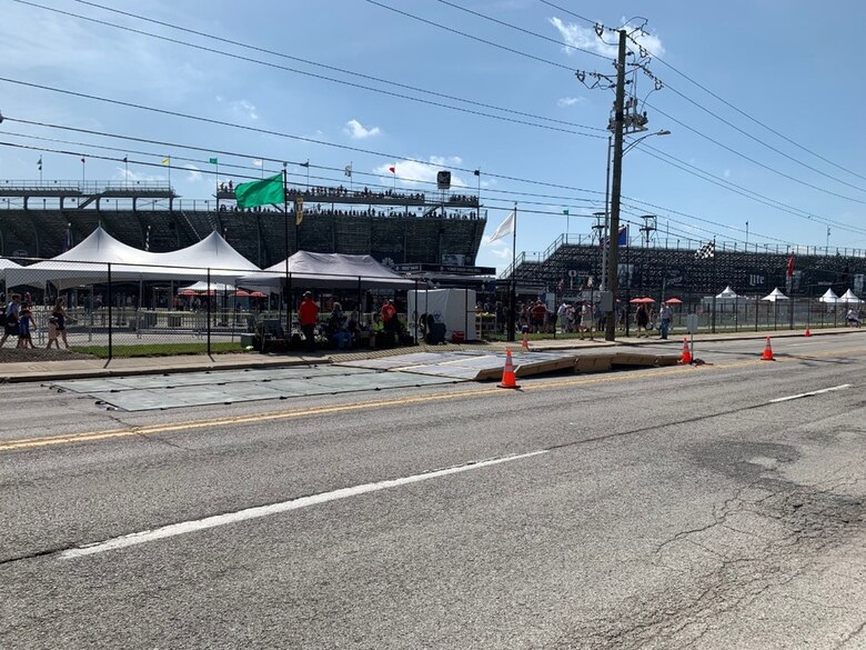 Demonstration of the Deployable Expedient Traffic Entry Regulator, or DETER, vehicle barrier technology at the Indianapolis 500. ERDC in conjunction with the U.S. Department of Homeland Security (DHS) Science and Technology (S&T) Directorate and the Cybersecurity and Infrastructure Security Agency (CISA) used DETER to create a temporary road closure at the event during race day.