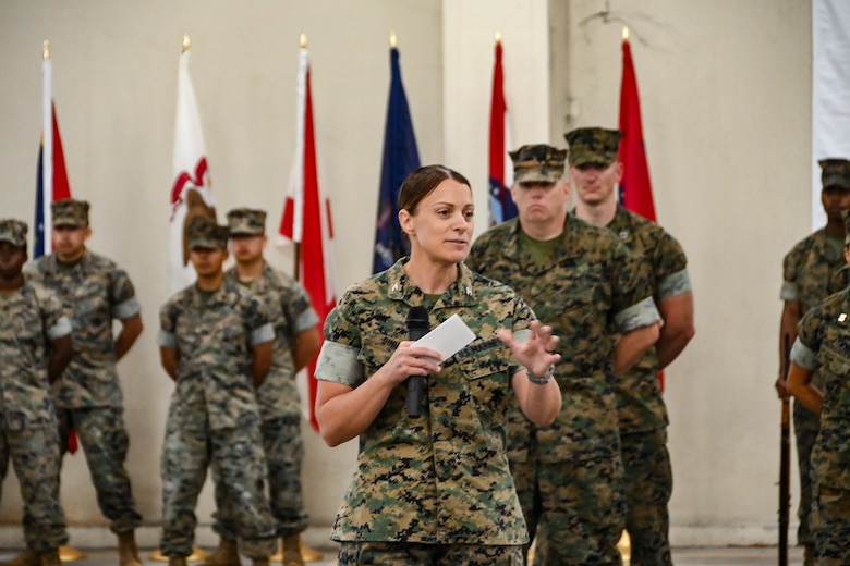 Maj. Gen. Keith D. Reventlow, commanding general, Marine Corps Logistics Command, presided over the ceremony where outgoing commanding officer, Col. Donald W. Harlow, relinquished command to incoming commanding officer, Col. Sharon L. Dubow.