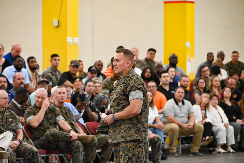 Maj. Gen. Keith D. Reventlow, commanding general, Marine Corps Logistics Command, presided over the ceremony where outgoing commanding officer, Col. Donald W. Harlow, relinquished command to incoming commanding officer, Col. Sharon L. Dubow.