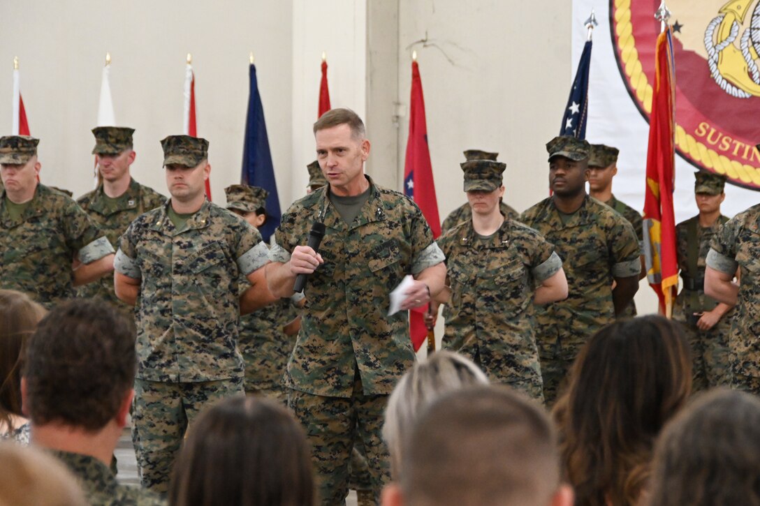 Maj. Gen. Keith D. Reventlow, commanding general, Marine Corps Logistics Command, presided over the ceremony where outgoing commanding officer, Col. Donald W. Harlow, relinquished command to incoming commanding officer, Col. Sharon L. Dubow.