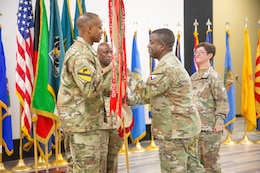 Maj. Gen. David Wilson, commanding general, U.S. Army Sustainment Command, hosts the 401st AFSB change of command ceremony between Col. Misti Frodyma and Col. Brandon Hill, and a relinquishment of responsibility ceremony between Command Sgt. Maj. Patrick Superales and Master Sgt. Warnell Ludington June 3, 2024 at Camp Arifjan, Kuwait.