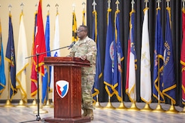 Maj. Gen. David Wilson, commanding general, U.S. Army Sustainment Command, hosts the 401st AFSB change of command ceremony between Col. Misti Frodyma and Col. Brandon Hill, and a relinquishment of responsibility ceremony between Command Sgt. Maj. Patrick Superales and Master Sgt. Warnell Ludington June 3, 2024 at Camp Arifjan, Kuwait.