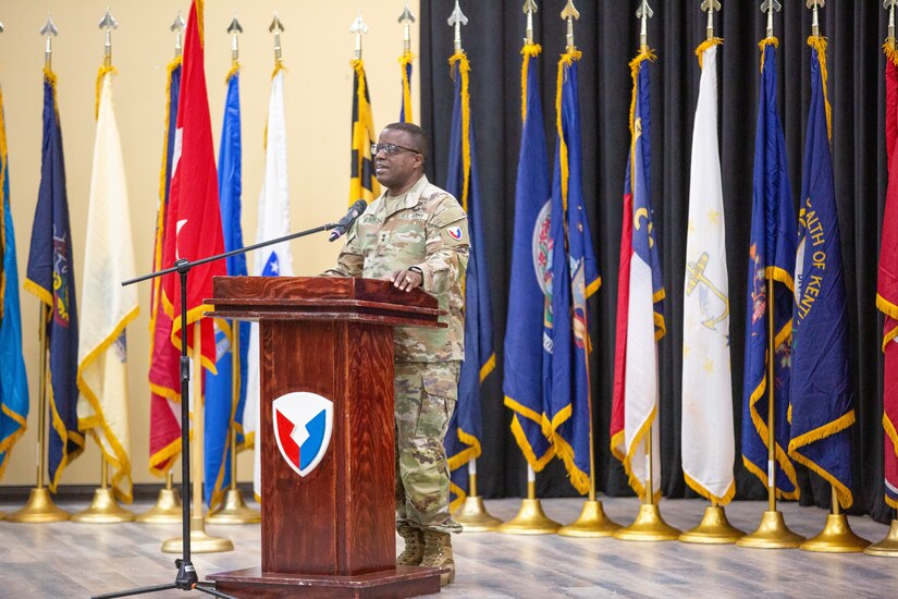 Maj. Gen. David Wilson, commanding general, U.S. Army Sustainment Command, hosts the 401st AFSB change of command ceremony between Col. Misti Frodyma and Col. Brandon Hill, and a relinquishment of responsibility ceremony between Command Sgt. Maj. Patrick Superales and Master Sgt. Warnell Ludington June 3, 2024 at Camp Arifjan, Kuwait.