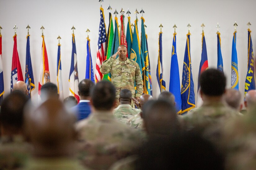 Maj. Gen. David Wilson, commanding general, U.S. Army Sustainment Command, hosts the 401st AFSB change of command ceremony between Col. Misti Frodyma and Col. Brandon Hill, and a relinquishment of responsibility ceremony between Command Sgt. Maj. Patrick Superales and Master Sgt. Warnell Ludington June 3, 2024 at Camp Arifjan, Kuwait.