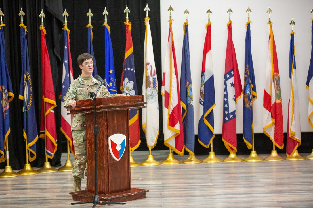 Maj. Gen. David Wilson, commanding general, U.S. Army Sustainment Command, hosts the 401st AFSB change of command ceremony between Col. Misti Frodyma and Col. Brandon Hill, and a relinquishment of responsibility ceremony between Command Sgt. Maj. Patrick Superales and Master Sgt. Warnell Ludington June 3, 2024 at Camp Arifjan, Kuwait.