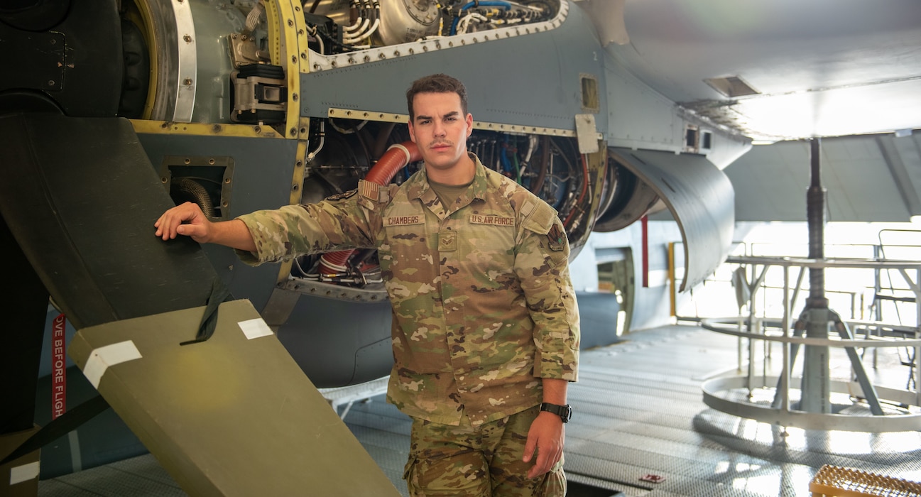 U.S. Air Force Senior Airman Dalton Chambers assigned to the 71st Rescue Generation Squadron poses for a picture beside an HC-130J Combat King II at Moody Air Force Base, Georgia, May 30, 2024. Chambers maintains and repairs HC-130J engines and propellers to provide combat search and rescue operations worldwide. (U.S. Air Force photo by Tech. Sgt. Michelle Self).
