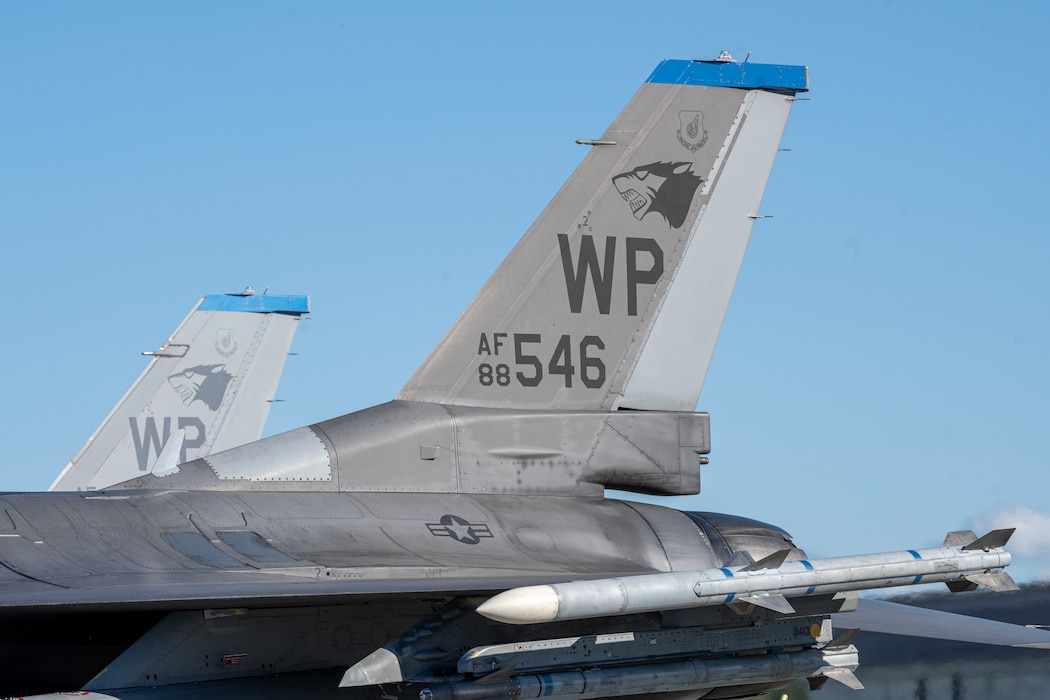 Two F-16 Fighting Falcon aircraft sit in on the flightline. The picture shows the aircraft tailfins with the Wolfpack letters and a black wolf painted on it.