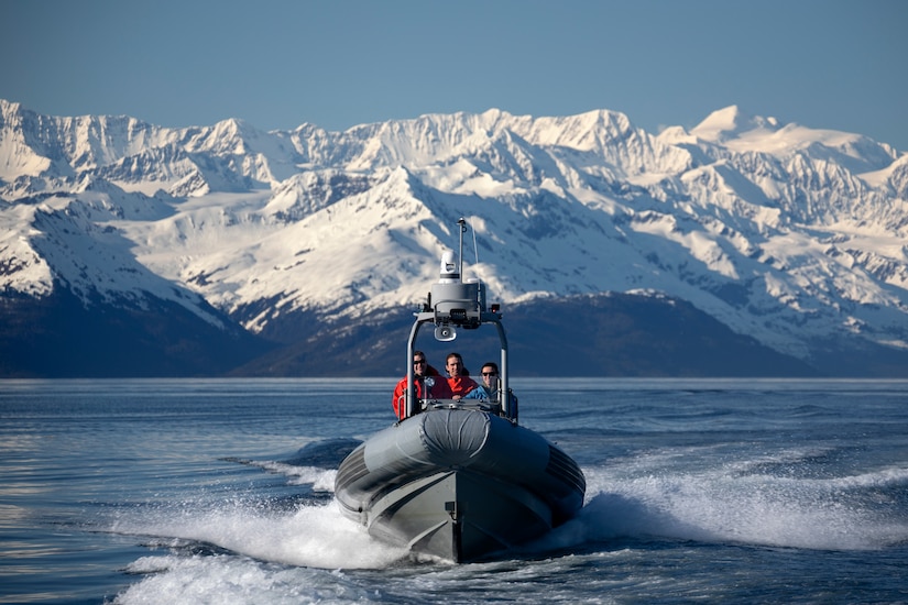 Alaska Air National Guardsmen assigned to the 212th Rescue Squadron at Joint Base Elmendorf-Richardson, operate a rigid hull inflatable boat while conducting a drop zone site survey for water rescue training in the Prince William Sound near Whittier, Alaska, May 14, 2024. The Airmen of the 212th RS are trained, equipped, and postured to conduct full-spectrum personnel recovery to include both conventional and unconventional rescue operations. The 212th RS, along with the 210th and 211th Rescue Squadrons, make up the 176th Wing Rescue Triad and are among the busiest combat search and rescue units in the world.