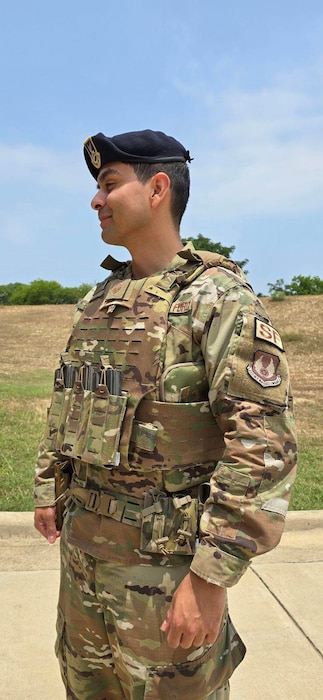 Airman wears the gear outside for a photo.