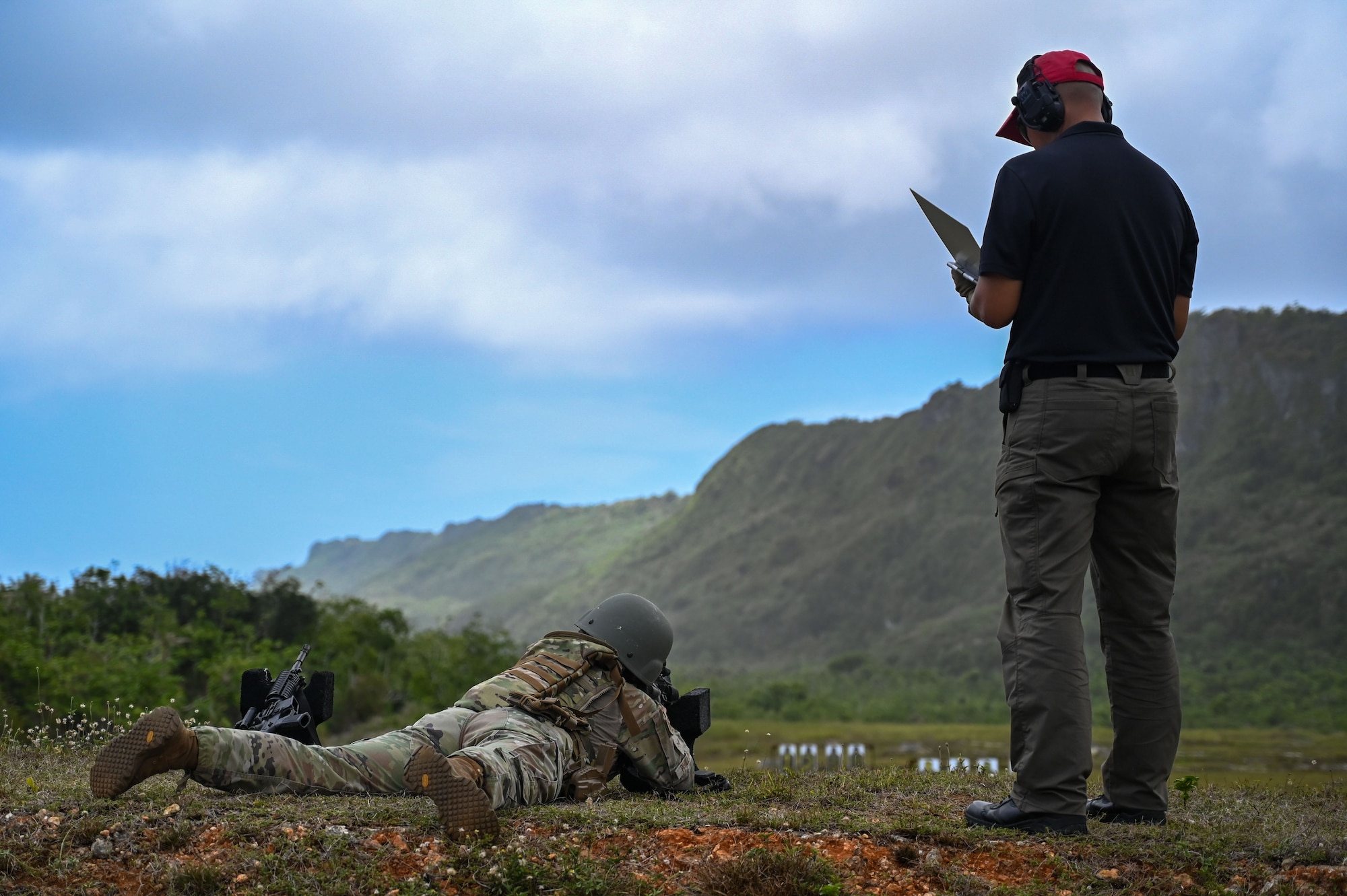 A 673rd Security Forces Squadron Airman participates in a marksmanship competition at the Pacific Regional Training Center-Andersen, Guam, May 21, 2024. Fifteen teams across the Pacific Air Forces competed against each other during a week-long Advanced Combat Fitness Assessment Competition hosted by the 736th SFS. (U.S. Air Force photo by Airman 1st Class Natasha Ninete)
