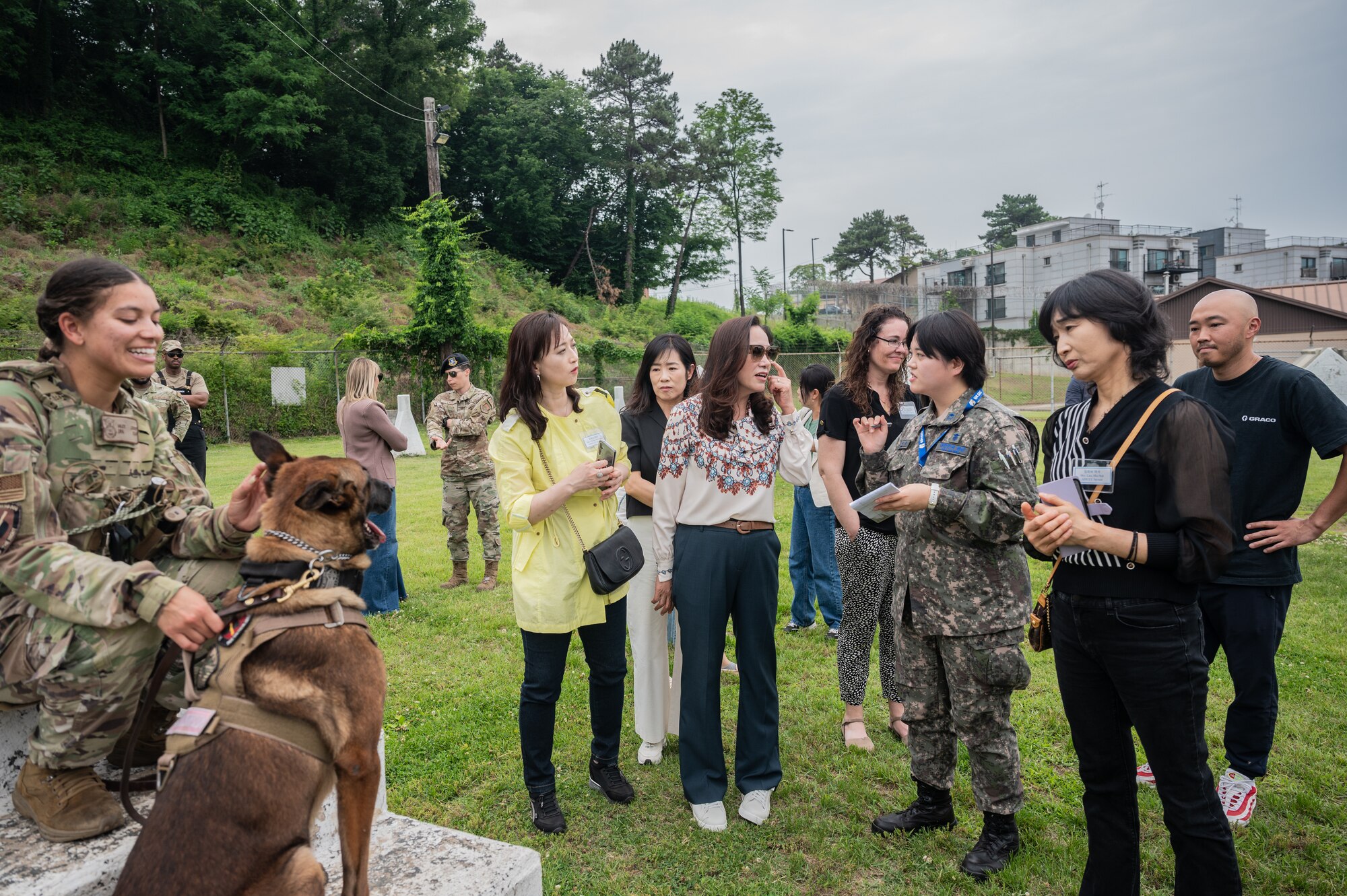 U.S. Air Force and Republic of Korea Air Force spouses, attend a military working dog demonstration from the 51st Security Forces Squadron during a tour at Osan Air Base, Republic of Korea, May 30, 2024. The spouses groups took part in a base tour to strengthen their sense of belonging, resilience and community. (U.S. Air Force photo by Staff Sgt. Christopher Tam)