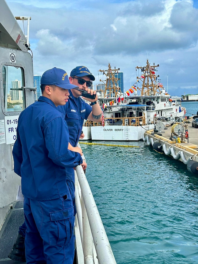 The USCGC Myrtle Hazard (WPC 1139) crew arrives in Honolulu on May 28, 2024, in advance of the ship’s first drydock maintenance period of approximately four and a half months. Commissioned in 2021, the Myrtle Hazard is the first of three Guam-based Fast Response Cutters to make the transit to Hawaii from Guam, traveling 3,743 miles to undergo this crucial maintenance phase. (U.S. Coast Guard photo by Seaman Natalya Fox)