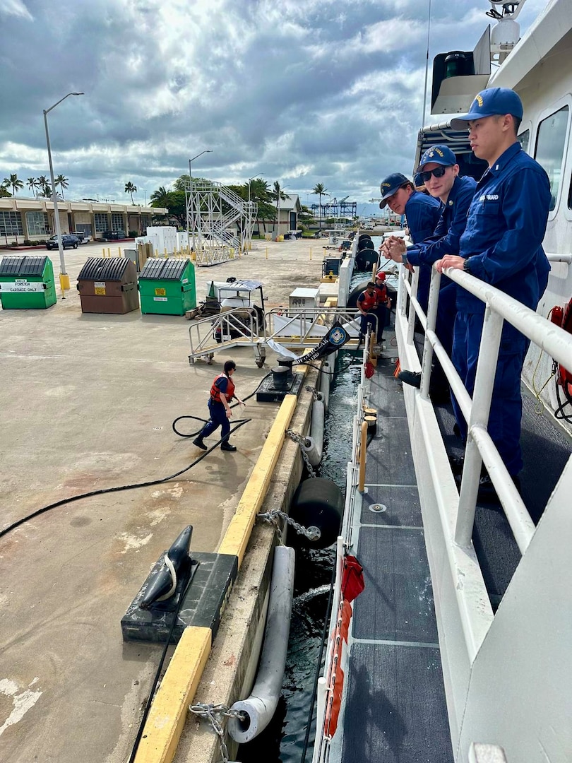 The USCGC Myrtle Hazard (WPC 1139) crew arrives in Honolulu on May 28, 2024, in advance of the ship’s first drydock maintenance period of approximately four and a half months. Commissioned in 2021, the Myrtle Hazard is the first of three Guam-based Fast Response Cutters to make the transit to Hawaii from Guam, traveling 3,743 miles to undergo this crucial maintenance phase. (U.S. Coast Guard photo by Seaman Natalya Fox)