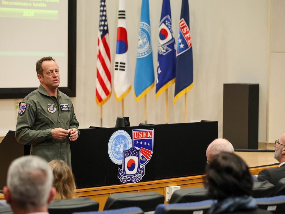 Lt. Gen. David R. Iverson, Deputy Commander U.S. Forces Korea, and Seventh Air Force commander, delivers a mission brief to 79 members of the NATO Defense College during a landmark visit to the Korean Peninsula June 3, 2024. During the visit, the emerging leaders who represent 33 nations participated in discussions and briefings focused on contemporary issues relevant to the ROK-U.S. Alliance and their direct impact on Euro-Atlantic security. (U.S. Army Photo by: Master Sgt. Thomas Duval, United Nations Command, Combined Forces Command, U.S. Forces Korea Public Affairs)