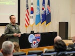 Lt. Gen. David R. Iverson, Deputy Commander U.S. Forces Korea, and Seventh Air Force commander, delivers a mission brief to 79 members of the NATO Defense College during a landmark visit to the Korean Peninsula June 3, 2024. During the visit, the emerging leaders who represent 33 nations participated in discussions and briefings focused on contemporary issues relevant to the ROK-U.S. Alliance and their direct impact on Euro-Atlantic security. (U.S. Army Photo by: Master Sgt. Thomas Duval, United Nations Command, Combined Forces Command, U.S. Forces Korea Public Affairs)