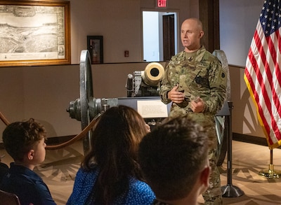 Newly promoted First Sgt. Beau Detrick, of Marion, the senior enlisted leader for Company N, Recruiting and Retention Battalion, Illinois Army National Guard, thanks friends and family for their support during a promotion ceremony May 24 at the Illinois State Military Museum, Camp Lincoln, Springfield, Illinois.