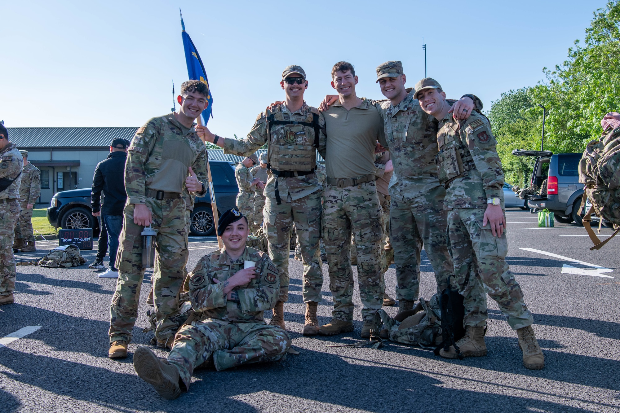 A group of Airmen smile before a Norwegian Foot March