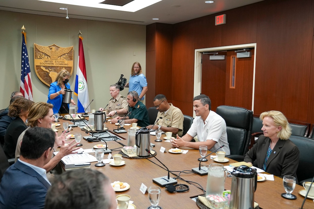 U.S. Army General Laura Richardson, commander of U.S. Southern Command (SOUTHCOM), and Santiago Peña, President of Paraguay, prepare for a meeting during a visit to the command’s headquarters in Miami.