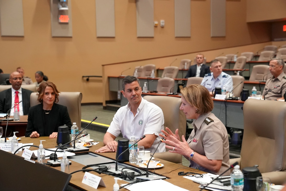 U.S. Army General Laura Richardson, commander of U.S. Southern Command (SOUTHCOM), and Santiago Peña, President of Paraguay, prepare for a meeting during a visit to the command’s headquarters in Miami.