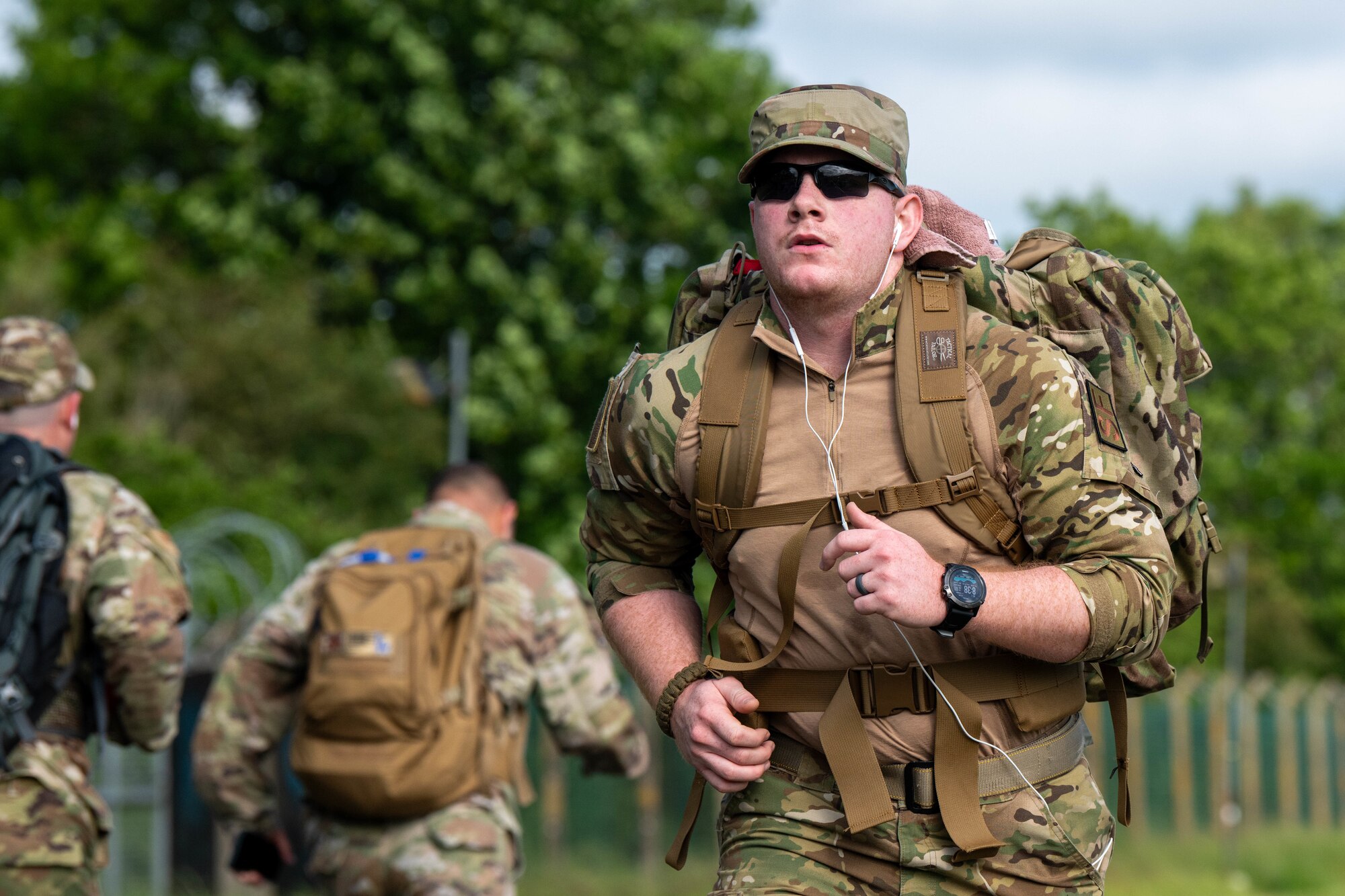 A competitor advances along the base perimeter during a Norwegian Foot March