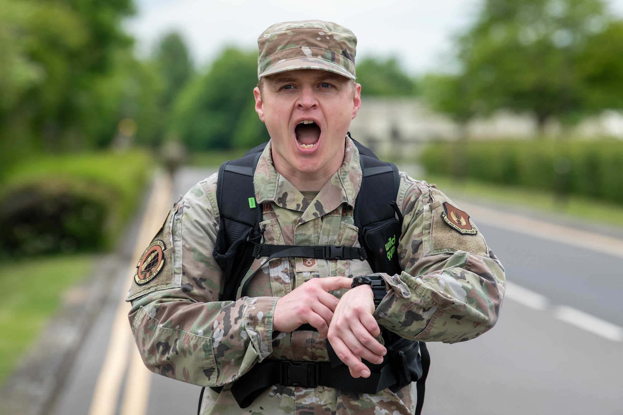 A competitor yells during a Norwegian Foot March