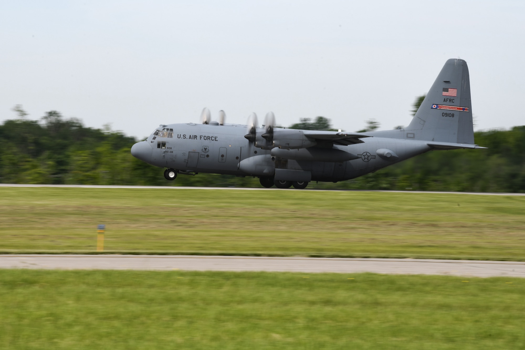 A C-130H Hercules aircraft assigned to the 757th Airlift Squadron, takes off at Youngstown Air Reserve Station, Ohio, June 1, 2024.