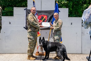 Two people in military uniform hold a certificate together while looking at the camera posing