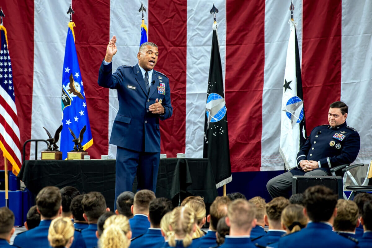 U.S. Air Force Academy Superintendent Lt . Gen. Richard M. Clark speaks to U.S. Air Force Academy cadets commissioning into the Space Force during a ceremony held May 29, 2024 at Clune Arena, U.S. Air Force Academy, Colo. (U.S. Air Force photo by Dylan Smith)