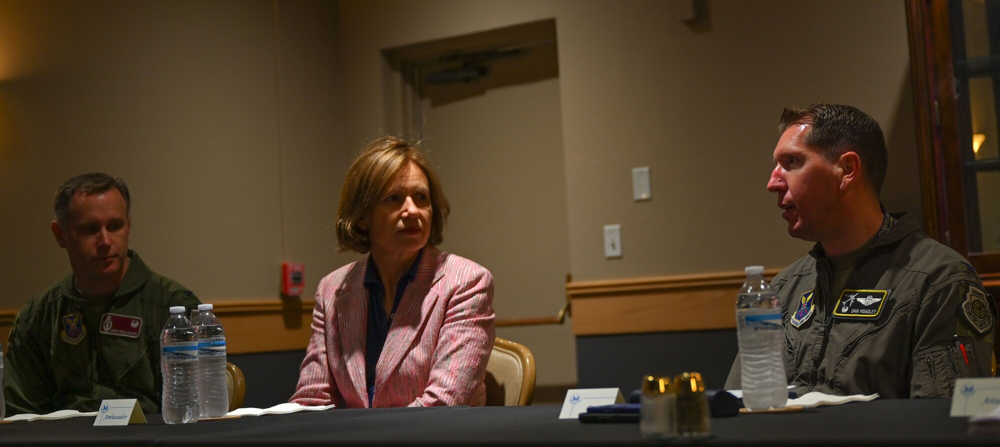 The Honorable Anniken Krutnes, Norway's Ambassador to the United States, meets with  U.S. Air Force Col. Daniel Hoadley, 5th Bomb Wing commander, and U.S. Air Force Col. Jimmy Schlabach, 91st Operations Group commander, during a tour of Minot Air Base, North Dakota, May 30, 2024. Krutnes visited Minot to learn about the base’s mission and to strengthen international partnerships. (U.S. Air Force photo by Airman 1st Class Trust Tate)