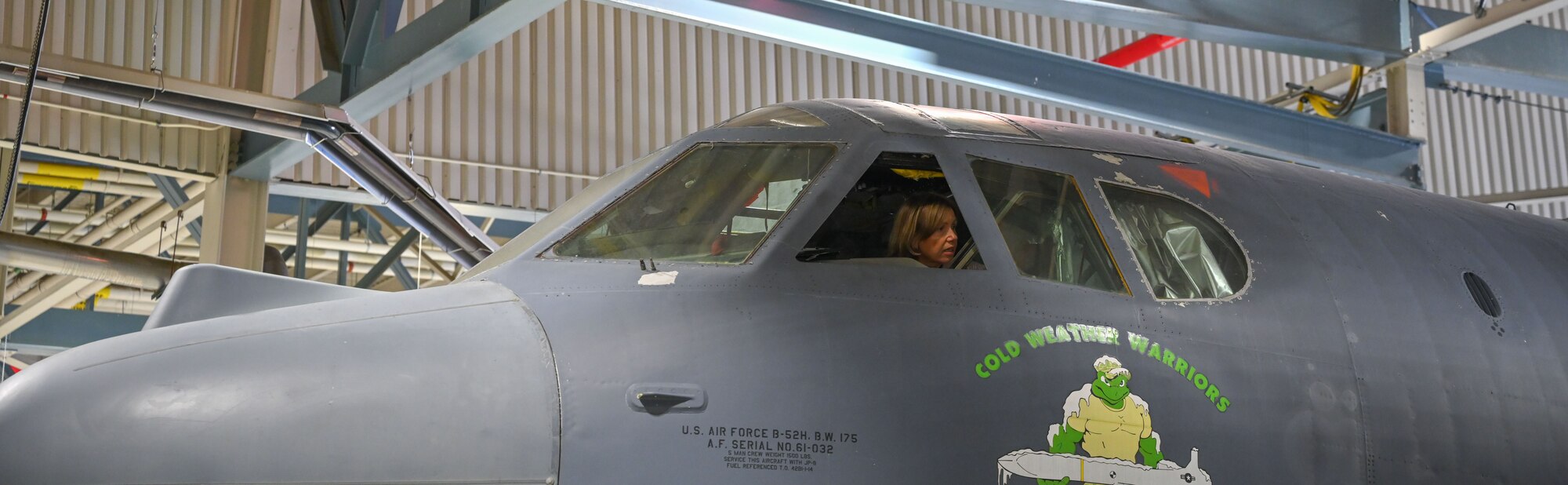 The Honorable Anniken Krutnes, Norway's Ambassador to the United States, sits in a B-52H Stratofortress during a tour at Minot Air Base, North Dakota, May 30, 2024. Krutnes visited Minot to learn about the base’s mission and to strengthen international partnerships. (U.S. Air Force photo by Airman 1st Class Trust Tate)