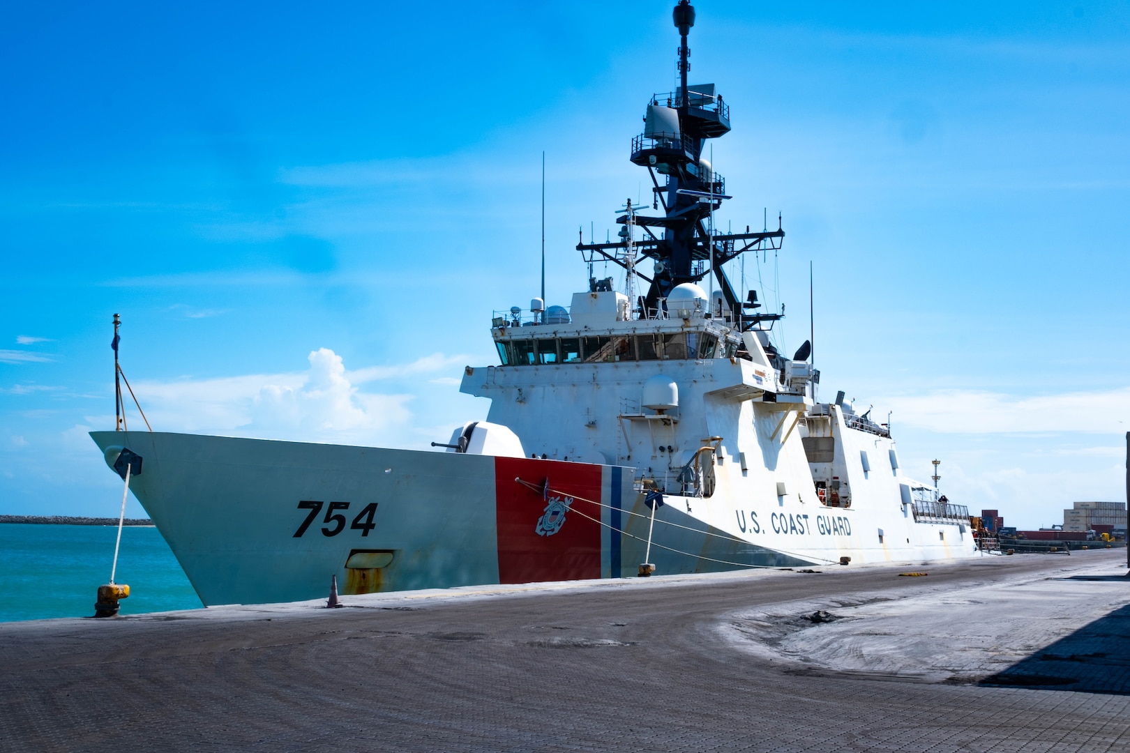 The U.S. Coast Guard Cutter James (WMSL 754) moors at the Port of Fortaleza, Brazil, June 3, 2024. James made a scheduled port visit during Operation Southern Cross 2024. (U.S. Coast Guard photo by Petty Officer 3rd Class Logan Kaczmarek)