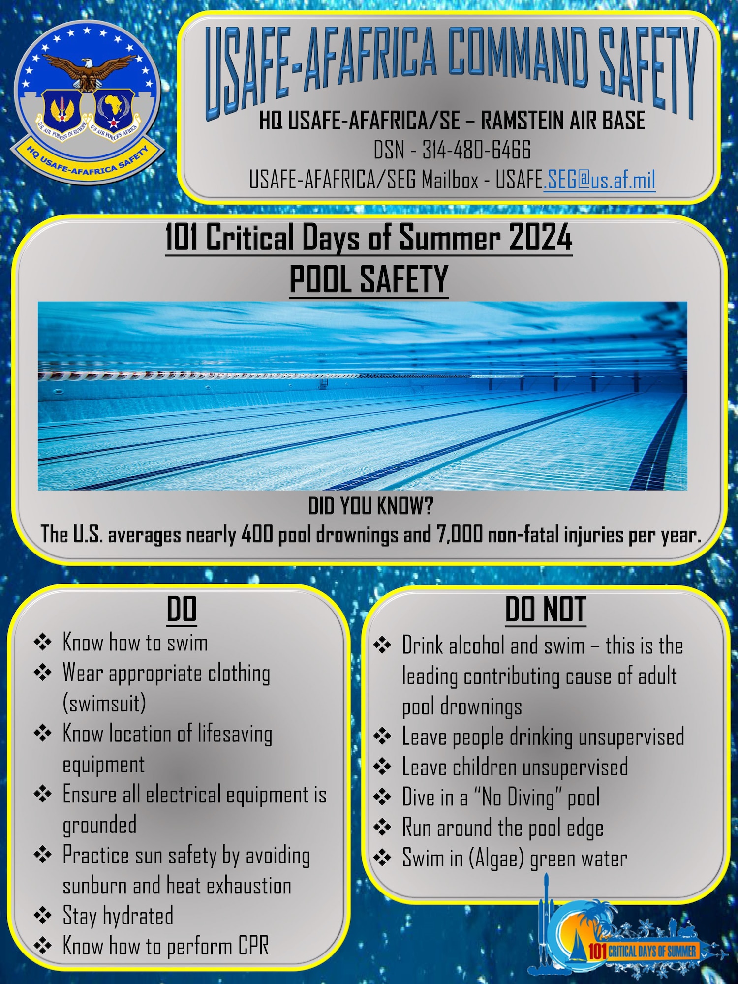 The 101 Critical Days of Summer kicked off Memorial Day weekend (May 25) and will run through Labor Day (Sept. 2). These safety flyers cover high-risk activities during the campaign period to display in units, forward through e-mail, post on social media, etc., to promote mishap prevention.