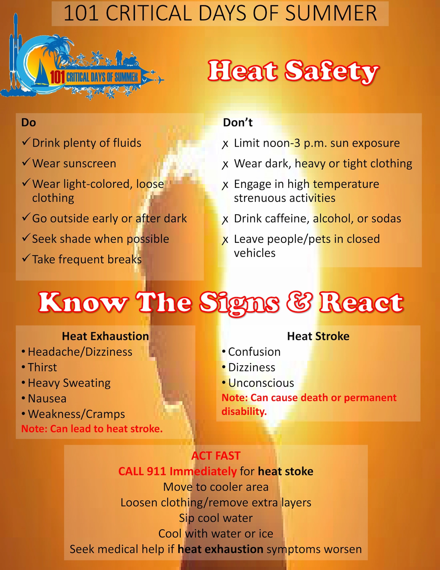 The 101 Critical Days of Summer kicked off Memorial Day weekend (May 25) and will run through Labor Day (Sept. 2). These safety flyers cover high-risk activities during the campaign period to display in units, forward through e-mail, post on social media, etc., to promote mishap prevention.