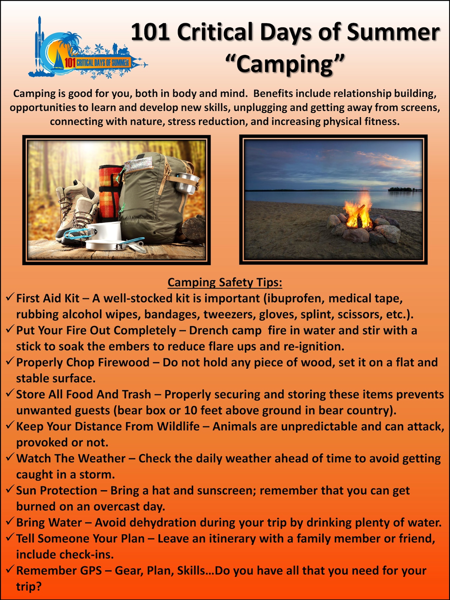 The 101 Critical Days of Summer kicked off Memorial Day weekend (May 25) and will run through Labor Day (Sept. 2). These safety flyers cover high-risk activities during the campaign period to display in units, forward through e-mail, post on social media, etc., to promote mishap prevention.