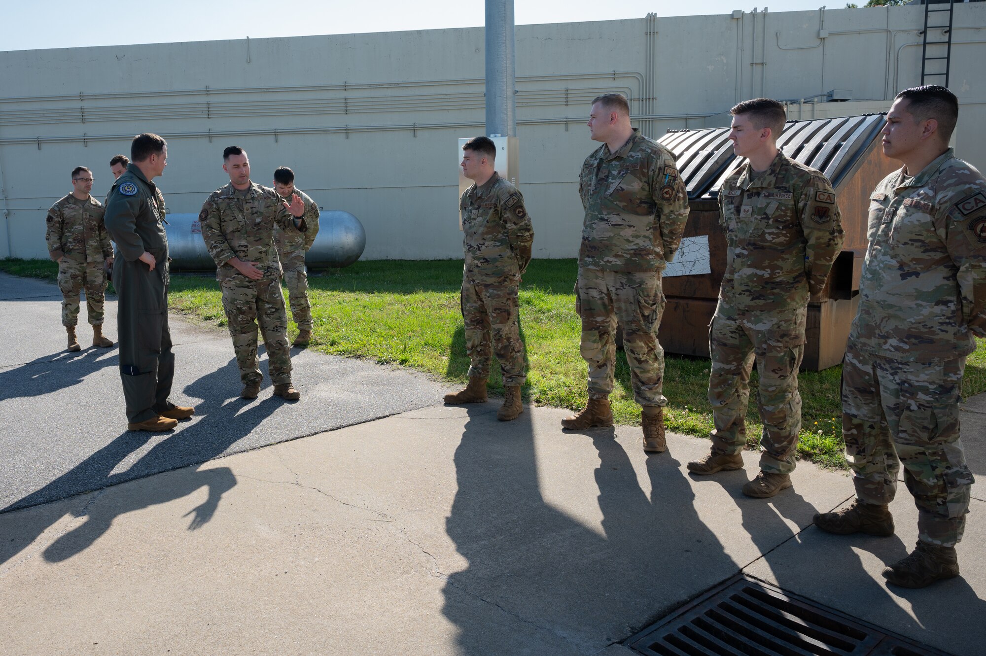 U.S. Air Force Maj. Gen. David Lyons, Fifteenth Air Force commander, speaks with Combat Arms Training Maintenance Airmen during his visit at Seymour Johnson Air Force Base, North Carolina, May 21, 2024. Gen. Lyons visited Seymour Johnson AFB to get a first-hand look at the 4th Fighter Wing’s infrastructure, day to day operations and meet Seymour’s Airmen. (U.S. Air Force photo by Airman 1st Class Rebecca Sirimarco-Lang)