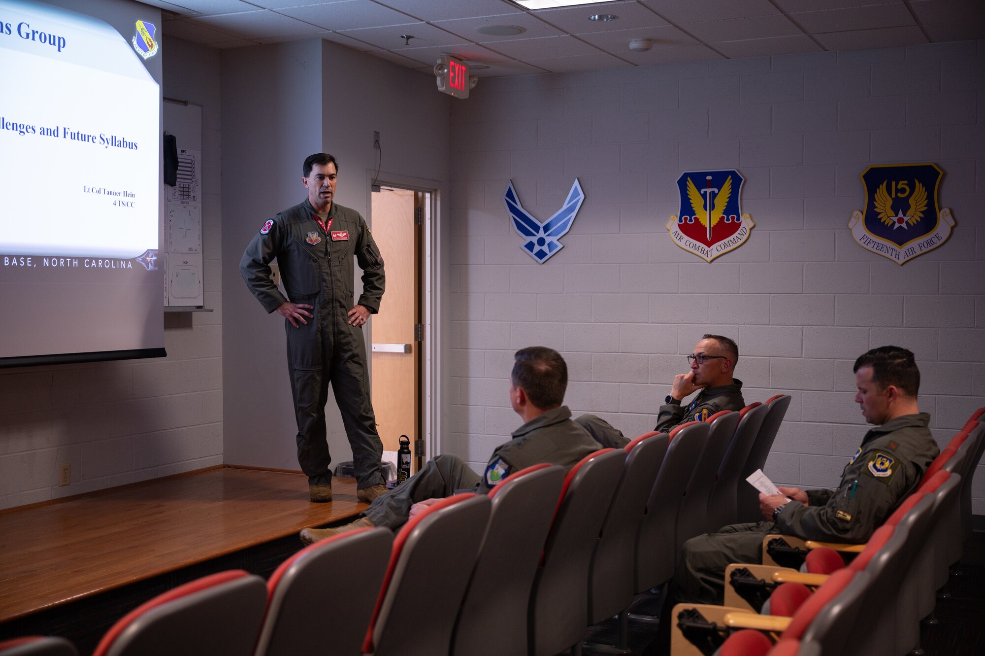 U.S. Air Force Maj. Gen. David Lyons, Fifteenth Air Force commander, sits in briefing at the 333rd Fighter Squadron during his visit at Seymour Johnson Air Force Base, North Carolina, May 21, 2024. Gen. Lyons visited Seymour Johnson AFB to get a first-hand look at the 4th Fighter Wing’s infrastructure, day to day operations and meet Seymour’s Airmen. (U.S. Air Force photo by Airman 1st Class Rebecca Sirimarco-Lang)