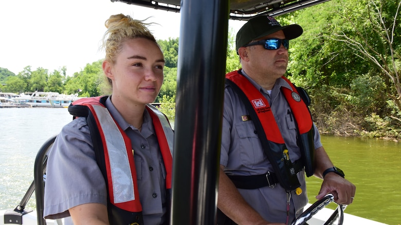 Park Rangers Remi Clarke and Gary Bruce depart for a patrol on Center Hill Lake May 29, 2024, from Sligo Marina in Smithville, Tennessee. (USACE Photo by Lee Roberts)