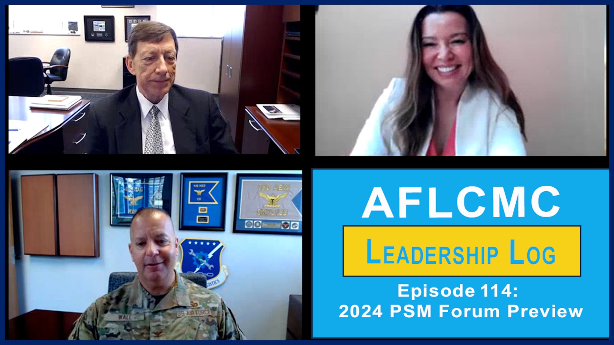 A thumbnail graphic for AFLCMC's "Leadership Log" podcast, episode 114.