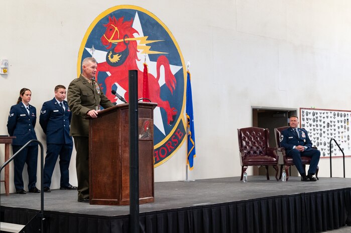 U.S. Marine Corps Maj. Gen. Thomas Savage conducts an opening speech at an Airman’s Medal presentation at Nellis Air Force Base, Nevada, May 30, 2024.