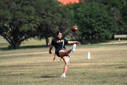 Brahmas athletes and Army North Soldiers play flag football