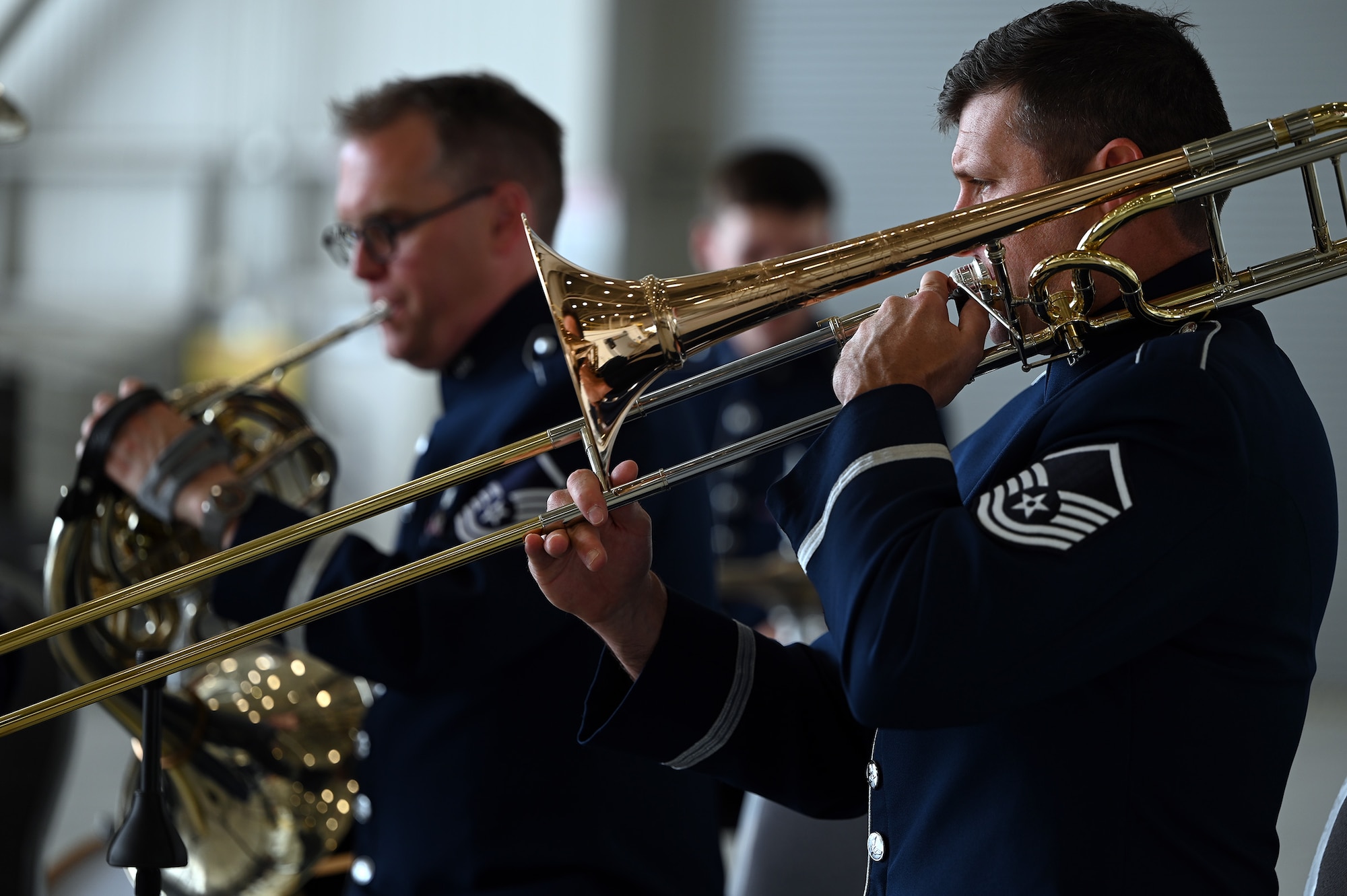 The Air Force Band of Flight performed musical honors, the National Anthem and the Air Force Song during the 445th Airlift Wing Assumption of Command ceremony at Wright-Patterson Air Force Base, Ohio. June 1, 2024. Col. Douglas Perry, Jr., assumed command of the wing after serving as the commander of the 434th Operations Group, Grissom Air Reserve Base, Indiana. (U.S. Air Force photo/Master Sgt. Patrick O’Reilly)