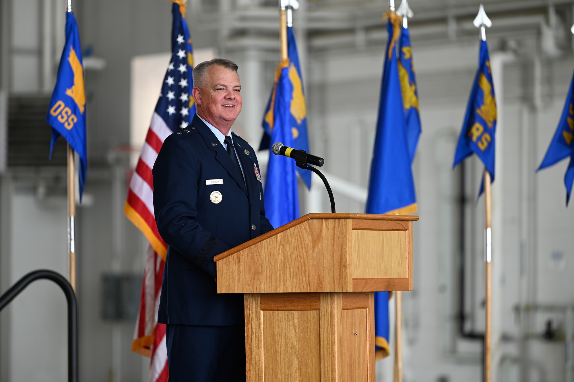 Maj. Gen. D. Scott Durham, Fourth Air Force commander, provides opening remarks as the presiding officer during the 445th Airlift Wing Assumption of Command Ceremony held at Wright-Patterson Air Force Base, Ohio June 1, 2024. Col. Douglas Perry, Jr., assumed command of the wing after serving as the commander of the 434th Operations Group, Grissom Air Reserve Base, Indiana. (U.S. Air Force photo/Master Sgt. Patrick O’Reilly)