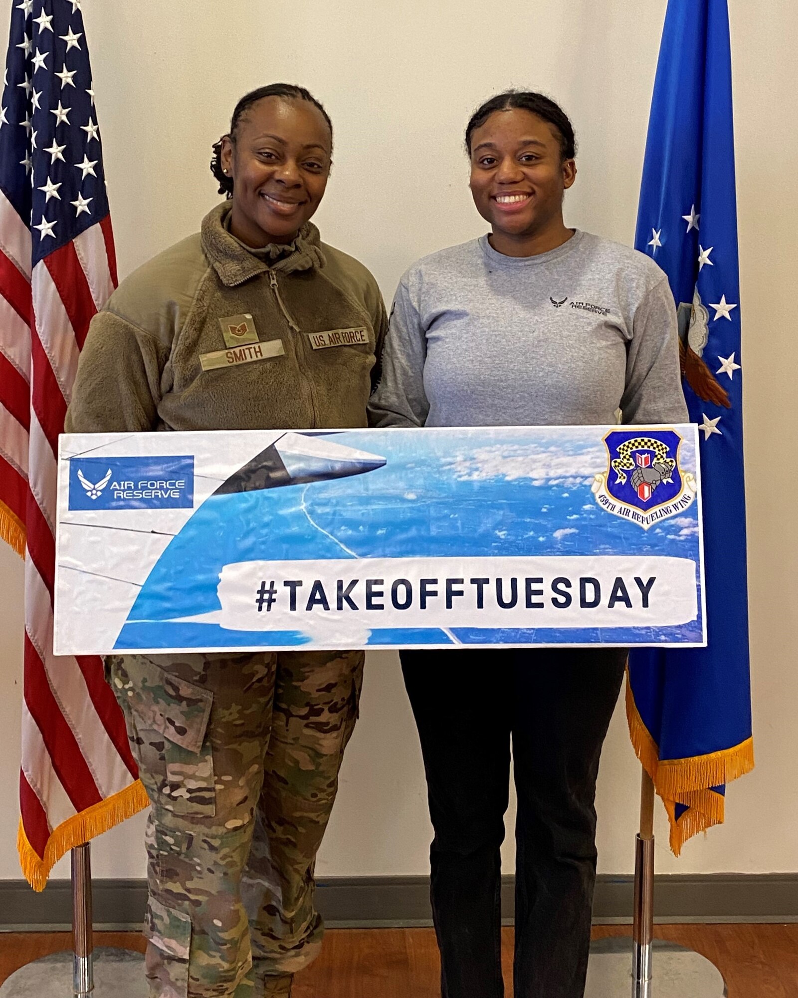 Taking off for Air Force Basic Military Training today is Niya Crocker. After BMT and technical school, she'll be an E-3 in the 459th Maintenance Squadron. Pictured with her is Technical Sgt. Ceru Smith, 459th Air Refueling Wing Development and Training Flight Program Manager. (Courtesy photo)