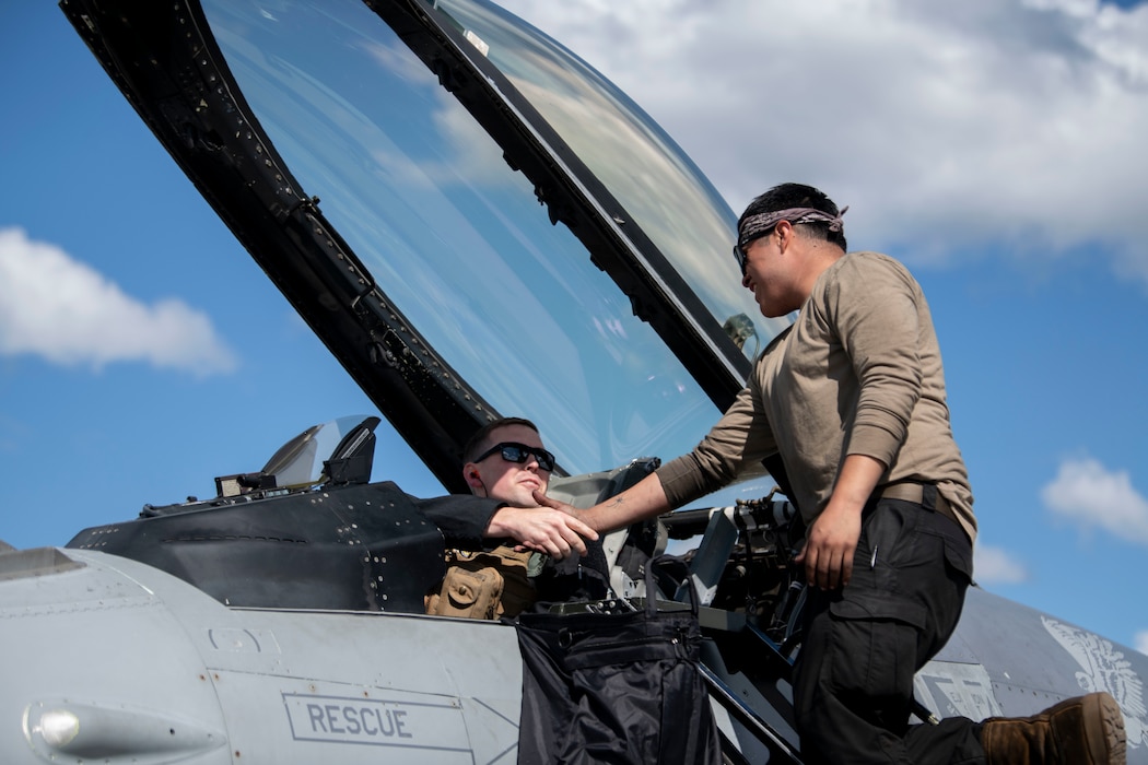 A pilot shake sits in the aircraft cockpit and shakes hands with a maintainer who is standing on the ladder.