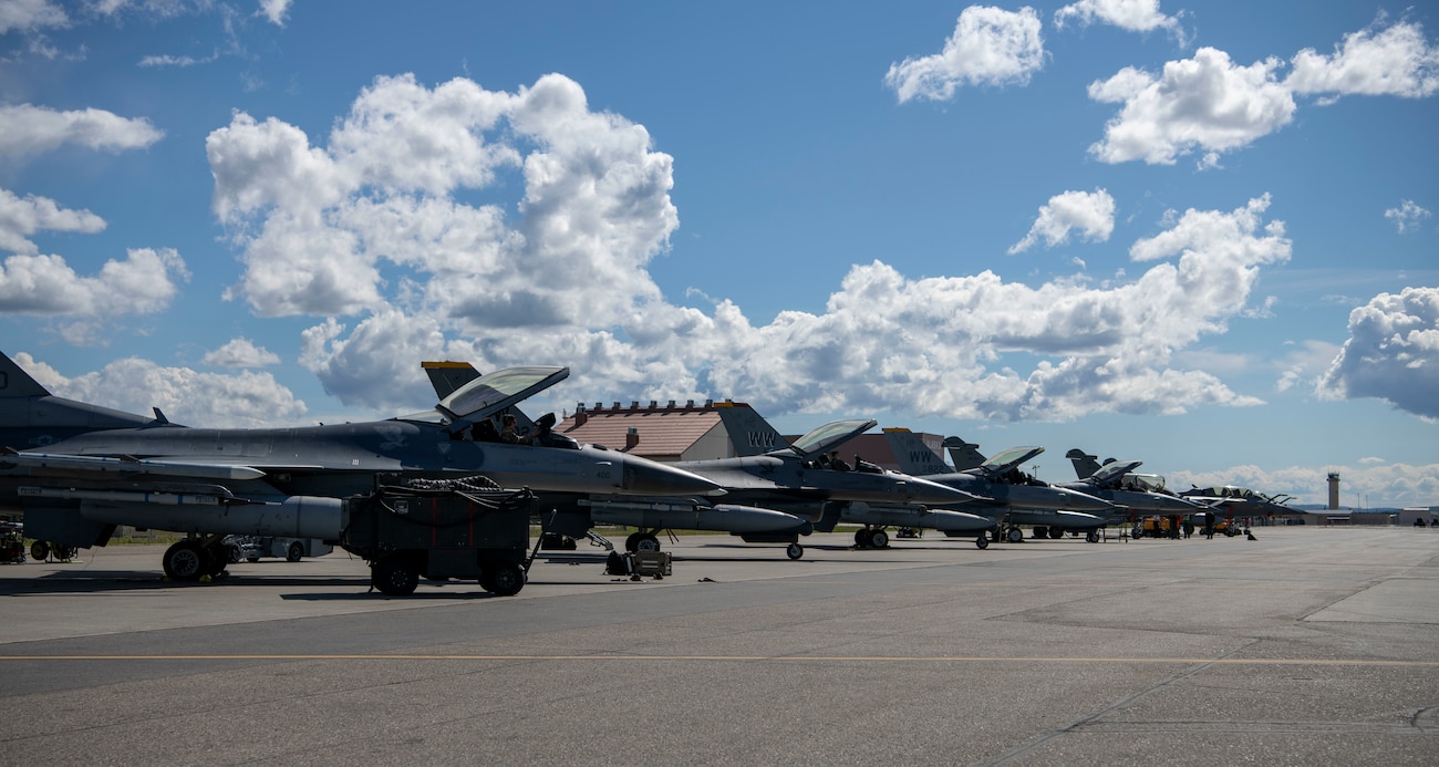 F-16s assigned to the 14th fighter squadron sit parked on the flightline