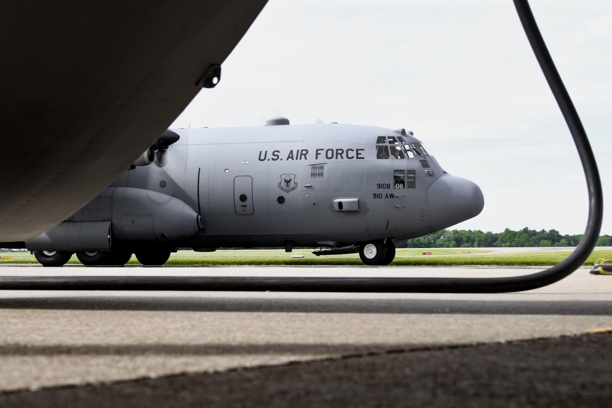 A C-130H Hercules aircraft assigned to the 757th Airlift Squadron, taxis down the flightline at Youngstown Air Reserve Station, Ohio, June 1, 2024.