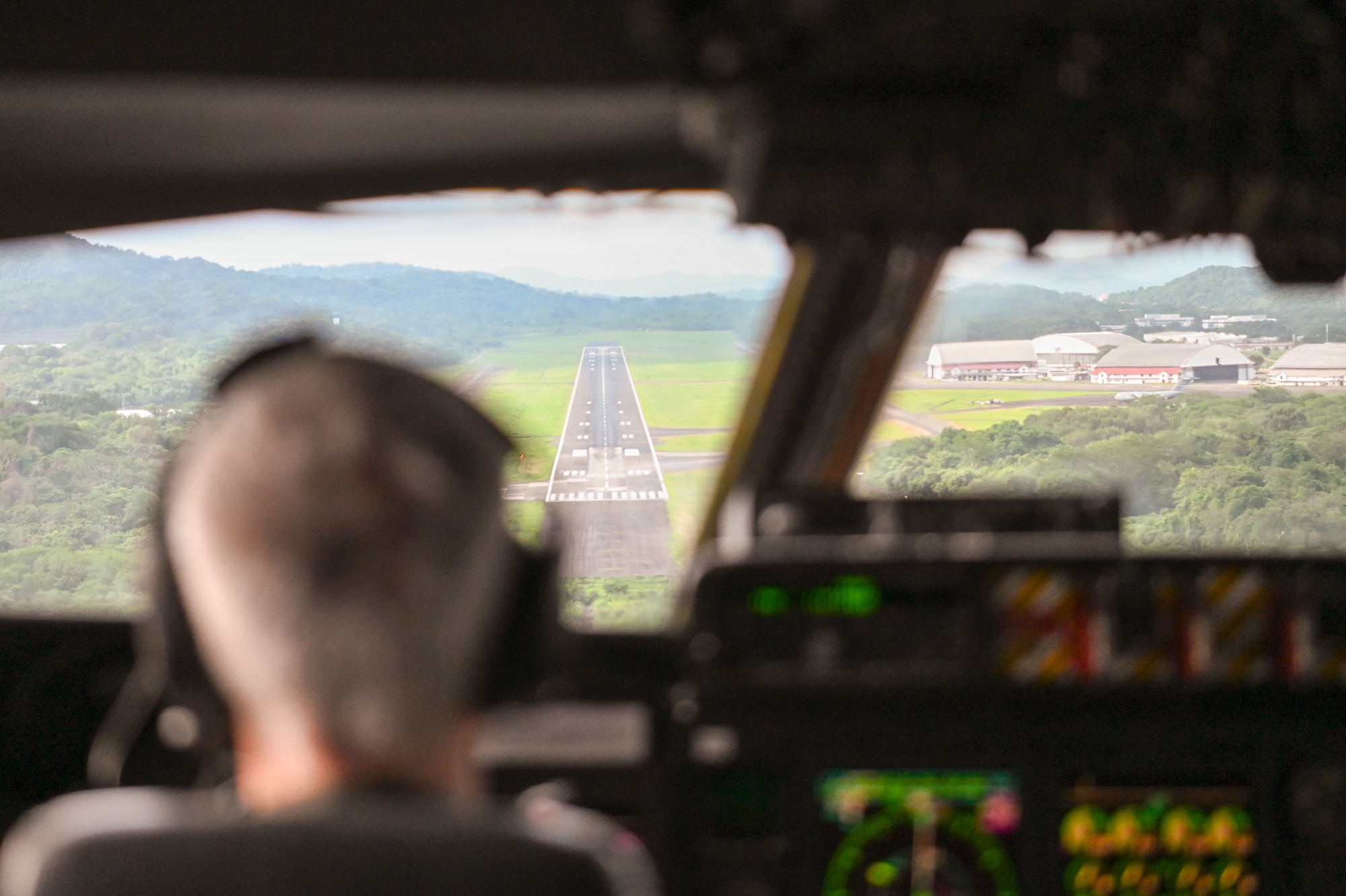 Lt. Col. Matt Menendez, 68th Airlift Squadron chief pilot and Reach 2087 aircraft commander, pilots a 433rd Airlift Wing C-5M Super Galaxy on final approach to Panama Pacifico International Airport, just outside Panama City, Panama June 1, 2024.
